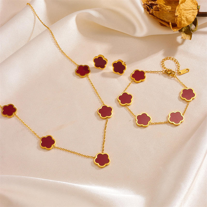 18K Gold Plated 4-Piece Clover Necklace, Earring, and Bracelet Set